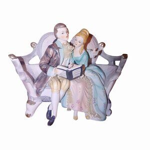 Norlean Japan Porcelain Figurine Romantic Couple Vintage Reading White Gold Sofa